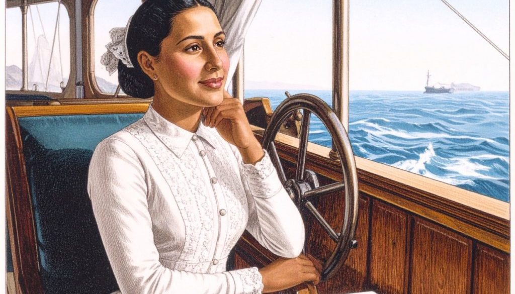 Firefly ilustracion antigua de mujer pasajera de un barco a vapor de 1890 pensando en su viaje hacia